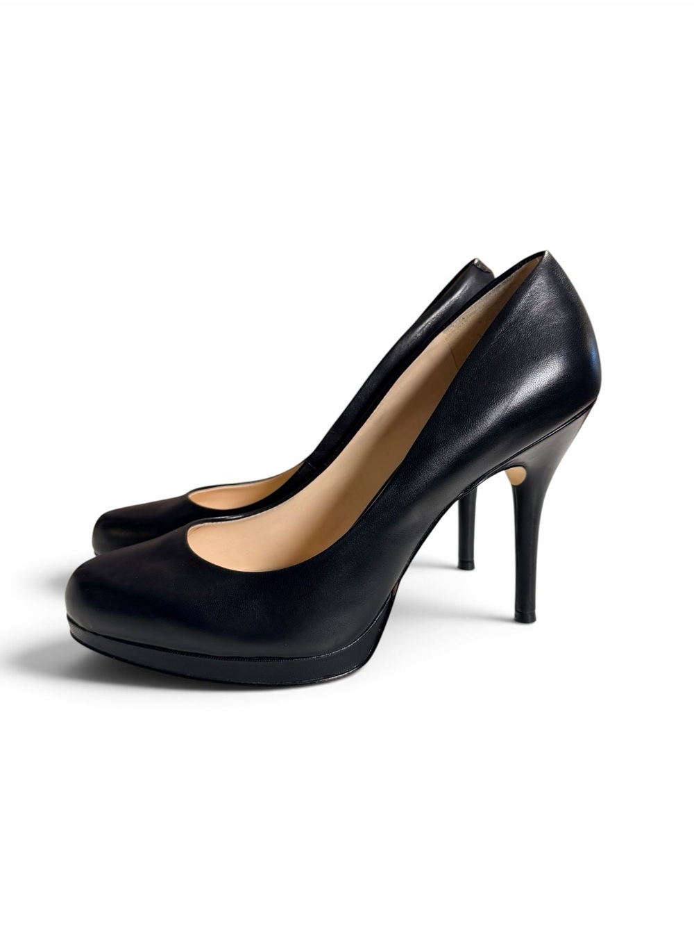 Nine West Black Leather Almond Toe Platform Pumps Heels - Size 8.5